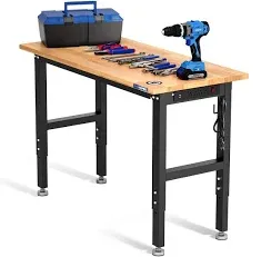 WORKPRO Adjustable Garage Workbench 48"x22" Rubber Wood Top Heavy-Duty Power Outlets