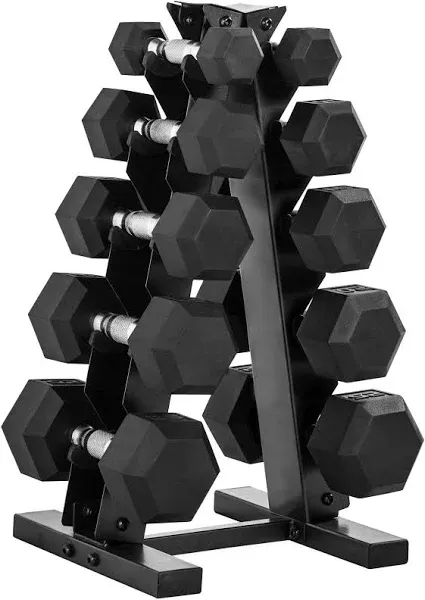 CAP Barbell 150-lb Rubber Hex Dumbbell Weight Set with Vertical Rack