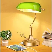 Bankers Lamp with 2 USB Ports, Touch Control Green Glass Desk Lamp with Brass 