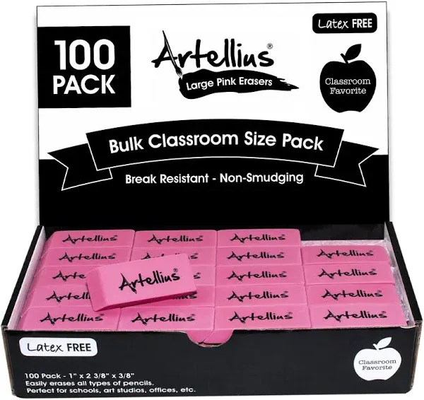 Pink Erasers Pack of 100 - Large Size, Latex &amp; Smudge Free - Bulk School Supp...