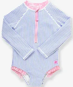 Rufflebutts Periwinkle Blue Seersucker Girls Long Sleeve One Piece Rash Guard