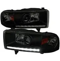 Spec-D Tuning Black Smoke Projector Headlights w/LEDs Compatible with 1994-2001 Dodge Ram 1500, 1994-2002 Dodge Ram 2500/3500, Left + Right Pair Headlamps Assembly