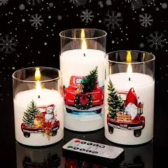 Eywamage Glass Christmas Flameless Candles with Remote, Red Truck Tree Battery Operated Xmas LED Pillar Candles Set of 3