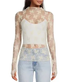 Womens Sheer Lace Long Sleeve Layering Top Mock Neck Floral Lace Undershirt Mesh See Through Shirts Clubwear