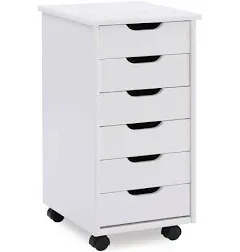 Linon Home Decor Mcleod White Wash 6 Drawer Wide Rolling Storage Organizational Cart