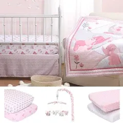 Pink Elephant 7 Piece Baby Nursery Crib Bedding Set, Quilt, Crib Sheets, Crib Skirt, and Changing Pad Covers