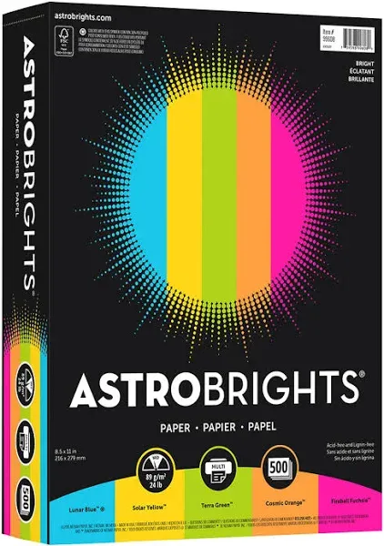 Astrobrights&#174; Color Paper -&quot;Bright&quot; Assortment, 24 lb Bond Weight, 8.5 x 11, Assorted Bright Colors, 500/Ream ;