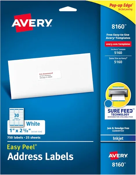 Avery 8160 1 X 2 5/8 inch Easy Peel Inkjet Address Labels - White (3000 Count)