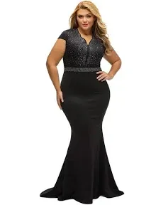 LALAGEN Women's Short Sleeve Rhinestone Plus Size Long Cocktail Evening Dress