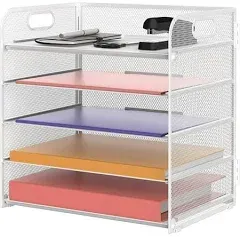 5 Trays Paper Organizer Letter Tray with Handle-Mesh Desk File Organizer