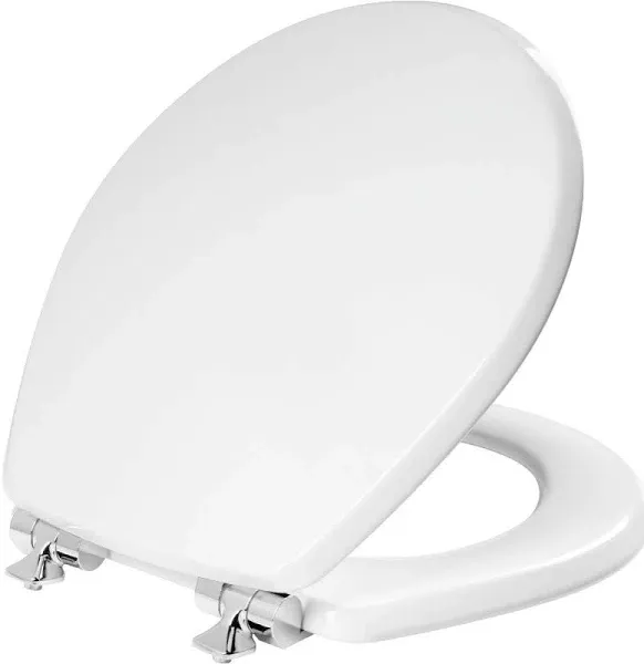 Mayfair Benton Toilet Seat with Chrome Hinges, Slow Close Wood Seat, Secure Metal Hinges, Easy Install, Round, White