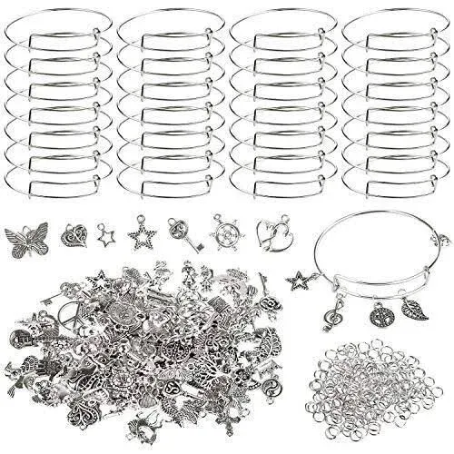 Charm Bracelet Making Kit, 30Pcs Silver Expandable Blank Bracelets Adjustable Wi