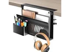 Litwaro Desk Side Storage Organizer, Under Desk Laptop Holder Clamp on Desk Shelf, No Drill Laptop Desk Mount with Magnetic Pen Holder, Hanging Desk Organizer Fits Flat Edge Desk 0.4" to 2"