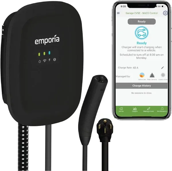 Emporia Level 2 EV Charger Black / NACS / Tesla / NEMA 14-50