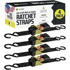 DC Cargo Retractable Ratchet Strap Tie Down Straps w/ S-Hooks 2&#034; x 6&#039; 4-pack