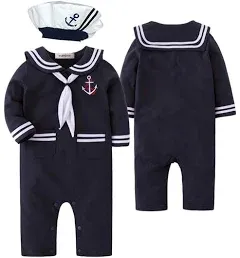 stylesilove.com Baby Boy Marine Sailor Cotton Romper Onesie with Hat and Necktie 3pcs Holiday Outfit