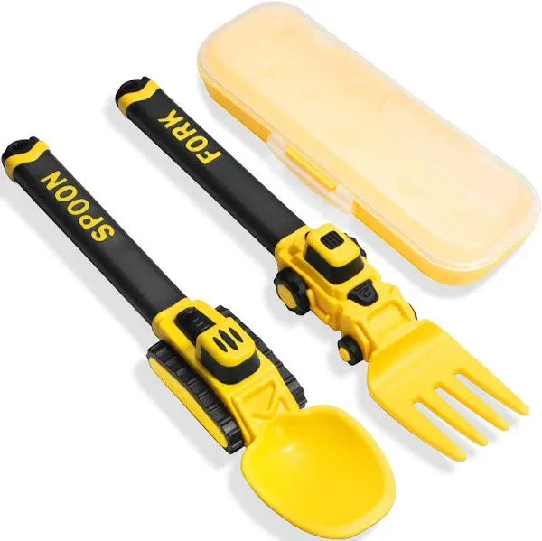 Construction Toddler Utensils - Reusable Plastic Toddler Fork and Spoon &amp; 