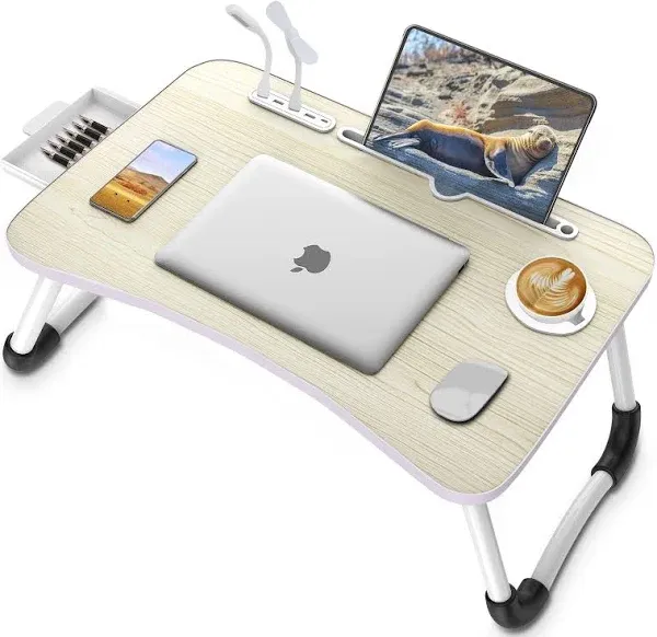 Laptop Lap Desk, Foldable Laptop Table Tray with 4 USB Ports Storage Drawer and 