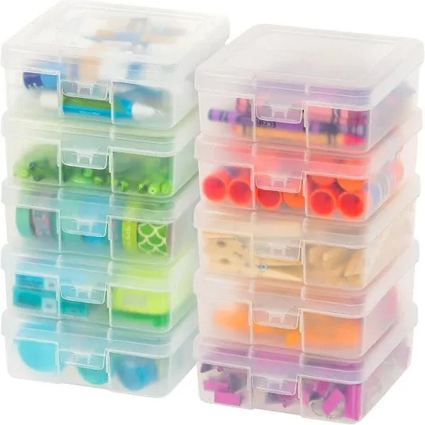 IRIS USA 10 Pack Small/Medium/Large Plastic Hobby Art Craft Supply Organizer Storage Containers with Latching Lid, for Pencil Case, Lego, Crayon, Ribbons, Tape, Beads, Sticker, Yarn, Stackable, Clear