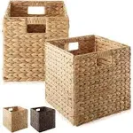 Casafield 12 inch x 12 inch Water Hyacinth Storage Baskets, Espresso - Set of 6 Collapsible Cube Organizers, Woven Bins for Bathroom, Bedroom, Laundry