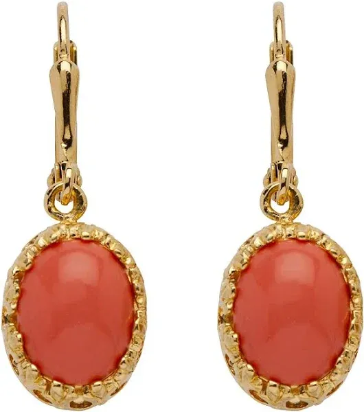 Orange Oval Simulated Coral Yellow Gold-Plated Cabochon Filgree Drop Earrings