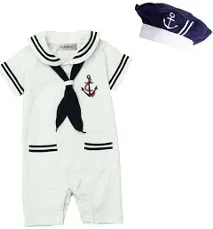 stylesilove.com Baby Boy Marine Sailor Cotton Romper Onesie with Hat and Necktie 3pcs Holiday Outfit