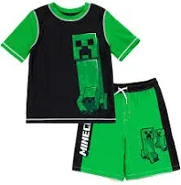 Minecraft Alex Steve Rash Guard and Swim Trunks Outfit Set