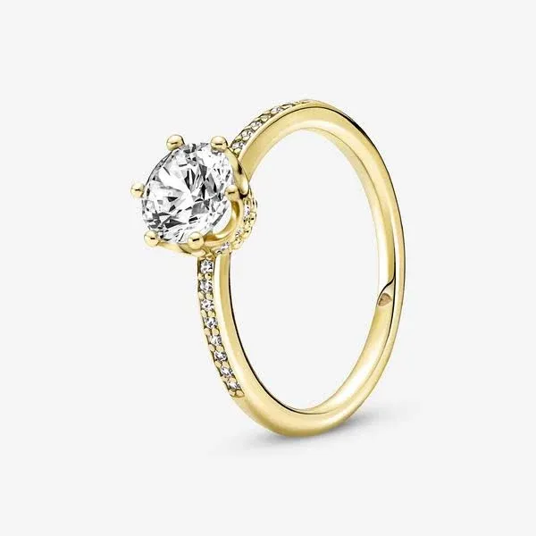 PANDORA Clear Sparkling Crown Solitaire Ring - Gold Ring for Women - Gift for Her - 14k Gold-Plated Shine with Cubic Zirconia - Size 4.5, No Gift Box