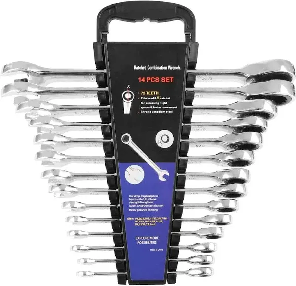 14-Piece Ratcheting Wrench Set, SAE 1/4”-7/8”, Chrome Vanadium Steel Combinatio