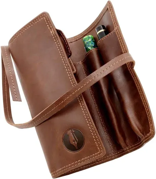 Roll-Up Leather Wrap Pen Pouch – Fountain Pen Case Features Sturdy Strap, Fold-over Flap – Roll up Pouch Holds 6 Pens, Contains Two-Open End Pockets for Over-Sized or Extra-Long Pens - Pen Accessories