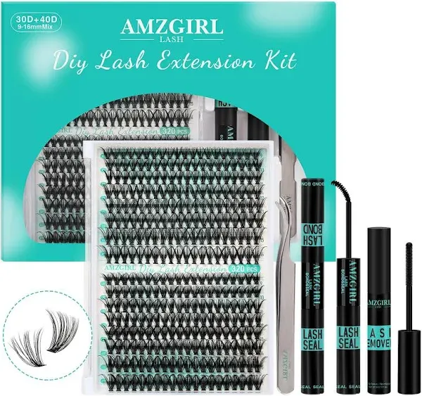 Lash Extension Kit 320Pcs,DIY Individual Lashes Clusters Kit,Lash Bond And Seal,Lash Remover For Eyelashes Extensions,Lash Applicator Tool For False Eyelash Cluster Kit At Home(30D,D-Mix9-16mm Kit)