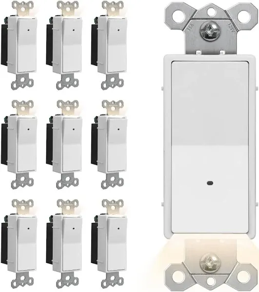 [10 Pack] CML Illuminated Guide Light Switch, Single Pole Decor Paddle Rocker Wall Switch, Dusk to Dawn Automatic On/Off Light Sensor, 15 Amp 120V Grounding Wire, White