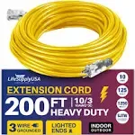 LifeSupplyUSA 10/3 SJT Lighted End Extension Cord 200 ft 15 Amp, 125 Volt, 1875 Watt, Super Heavy Duty Outdoor Jacket