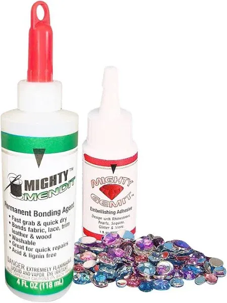 Mighty MENDIT™, Permanent Fabric Adhesive, Flexible Stretchable Washable, Clear, 4 oz, Plus Mighty GEMIT™, Embellishing Adhesive, 1 oz. Includes 50 Gems