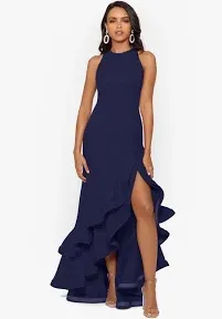 BETSY &amp; ADAM Womens Navy Hi-lo Slit Hem Sleeveless Full-Length Gown Dress 8