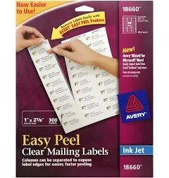 Avery 18660 Matte Clear Easy Peel Address Labels, Inkjet, 1 x 2 5/8, 300/Pack