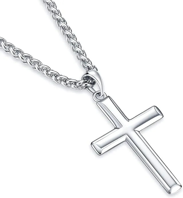 Rnivida 925 Sterling Silver Cross Pendant Necklace with Stainless Steel Wheat Chain for Men - Choice Of Lengths