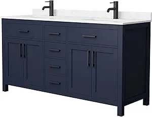 Beckett 66 Inch Double Bathroom Vanity in Dark Blue, Carrara Cultured Marble Countertop, Undermount Square Sinks, Matte Black Trim