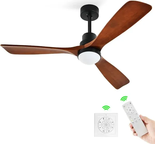 YITAHOME 52" Ceiling Fan with Lights and Wall Switch Remote, Industrial Wood Fan with Quiet Reversible 6 Speeds Motor, Dimmable LED 3 Color, Memory Function for Outdoor Indoor, Black & Walnut