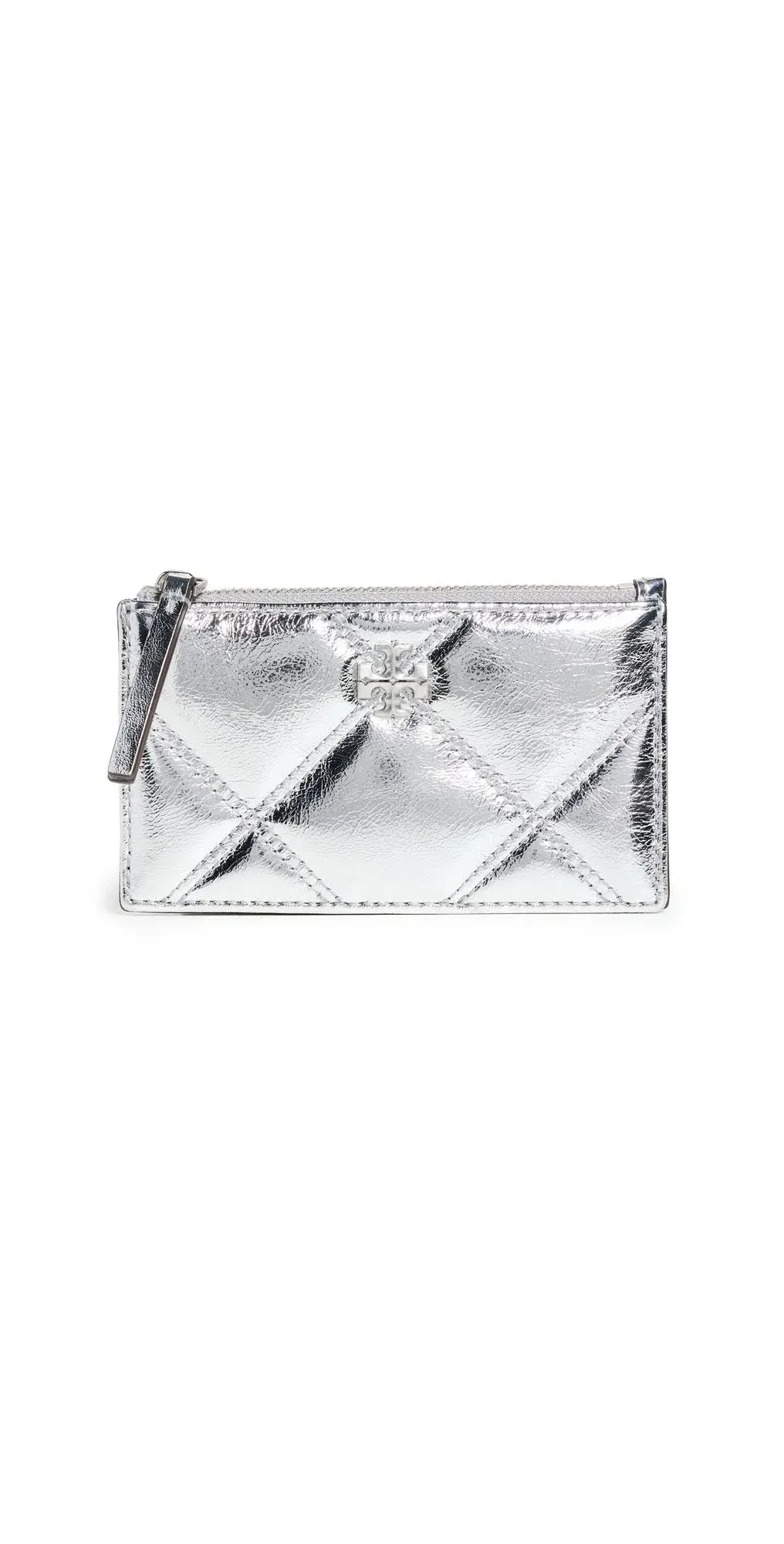 Tory Burch Kira Metallic Diamond Quilt Zip Card Case - Silver