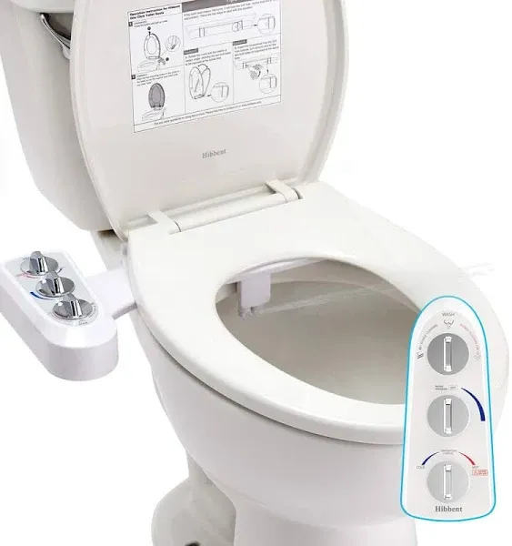 Hibbent Toilet Seat Bidet with Self Cleaning Dual Nozzle, Hot and Cold Water Spray Non-Electric Mechanical Bidet Toilet Attachment for Rear or