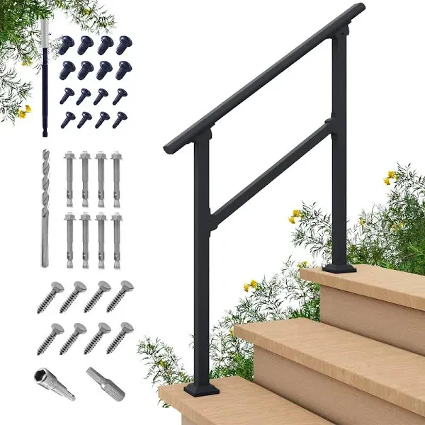 CHR Fence &amp; Rail Hand Rails for Outdoor Steps 2-3 Step Railing - Black