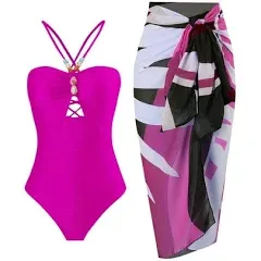 Women's One Piece Swimsuit with Cover Up Wrap Skirt Retro Floral Bathing Suits with Sarong Set