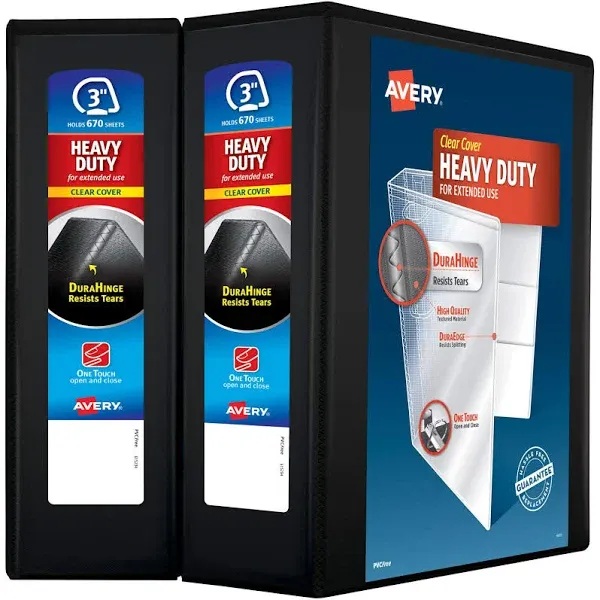 Avery Heavy-Duty View 3 Ring Binders, 3" One Touch Slant Rings, 2 Black Binders (79873)