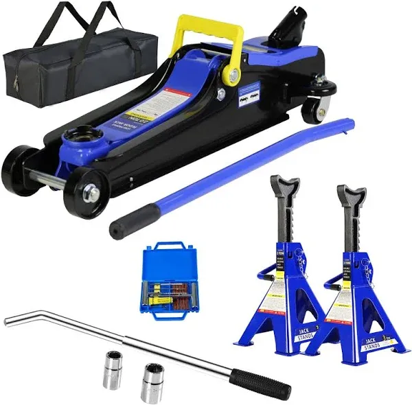 4 Piece Car Truck Floor Jack Service with Jack Stands Tire Repair Kit for Garages, Automotive,Repair Shops and DIY, Portable, 2 Ton 4,000 lbs, Lifting Range 3.3" - 15.2", Heavy Duty Steel, Blue