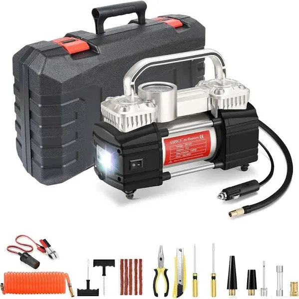 Portable Air Compressor Pump, Dual Cylinder Tire Inflator with LED Light