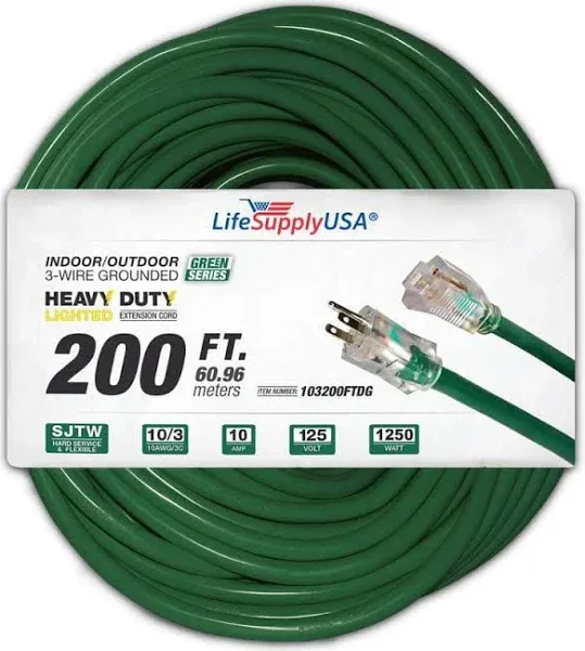 LifeSupplyUSA 120-ft 10/3 3 Prong Dark Green Indoor/Outdoor SJTW Heavy Duty Lighted Extension Cord Lowes.com