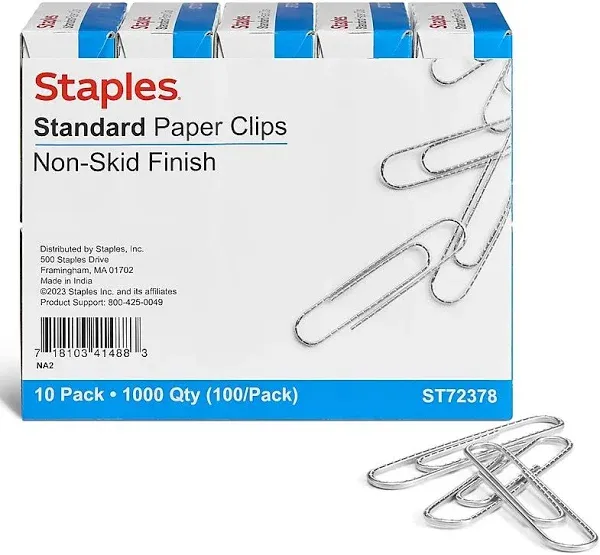 Staples® #1 Size Nonskid Paper Clips, Silver, 1,000/Pack (A7026599A)