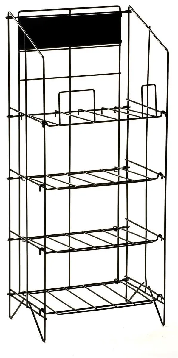 Displays2go Wire Newspaper Stand with 4 Shelves, Free-Standing, Adjustable-Height Pockets, with Nameplate - Black (NRWREGONE)