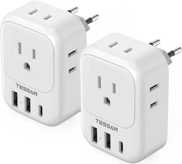 2 Pack European Travel Plug Adapter USB C TESSAN US to Europe Plug Adapter wi...